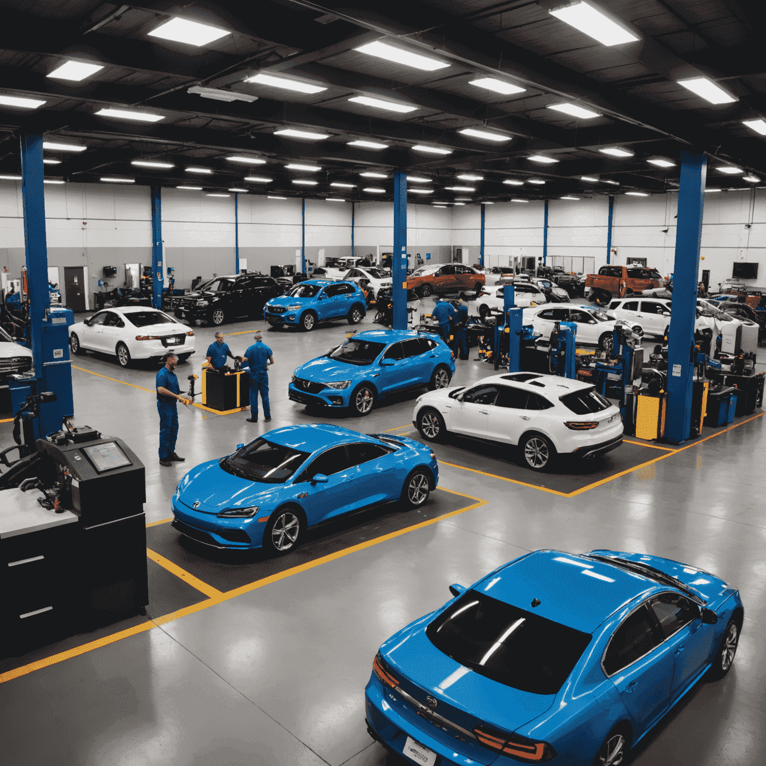 A modern auto service center with multiple service bays, advanced diagnostic equipment, and a team of skilled technicians working on various vehicles. The image showcases a clean, well-organized workspace with state-of-the-art tools and machinery.