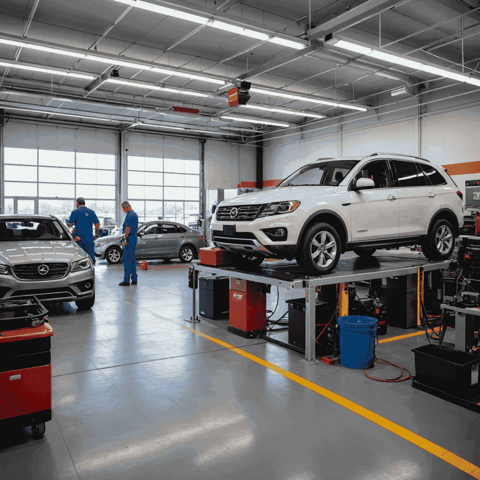 Modern auto service center with technicians working on various vehicles. The image showcases a clean, well-lit garage with state-of-the-art diagnostic equipment and tools.