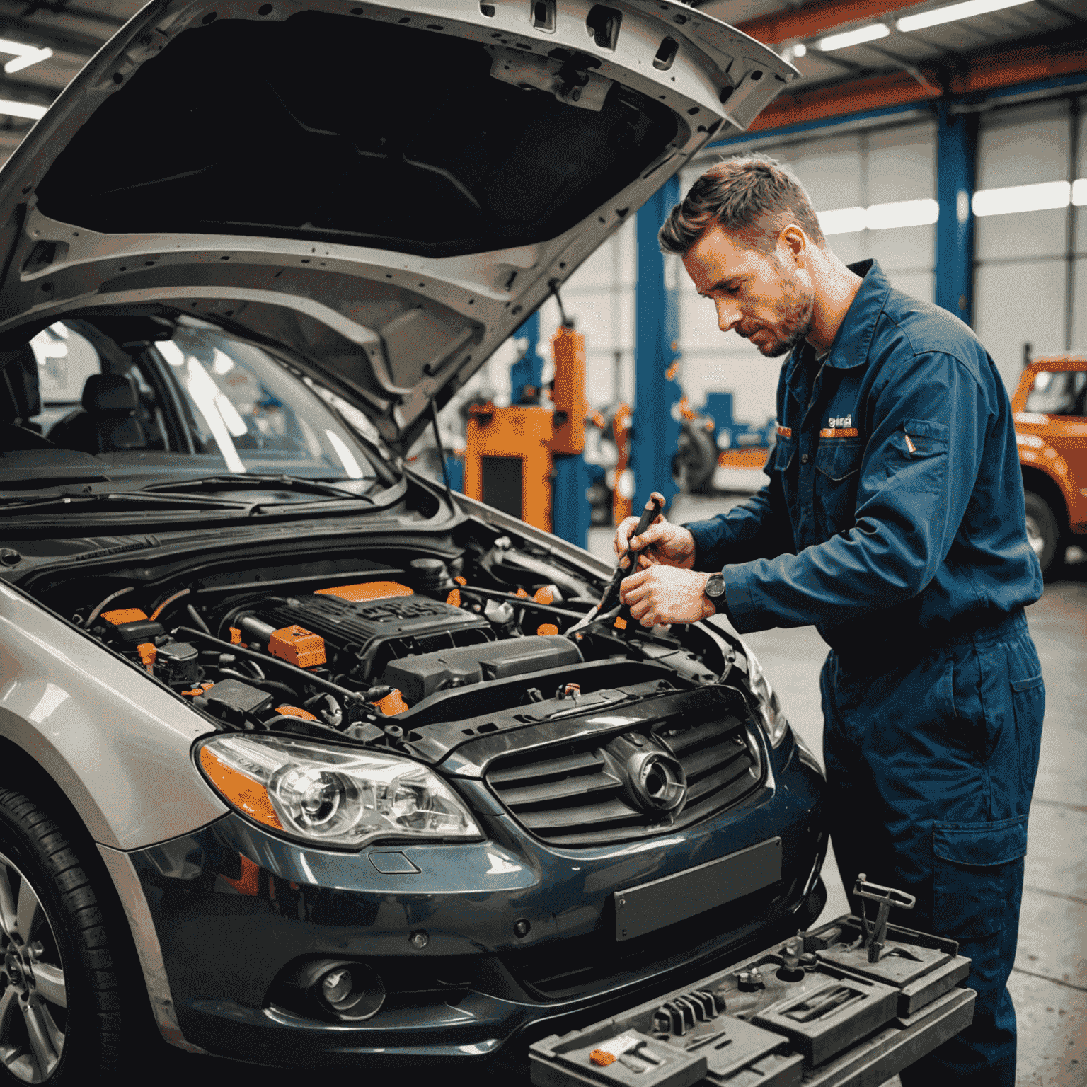 Mechanic performing essential car maintenance tasks with tools and equipment