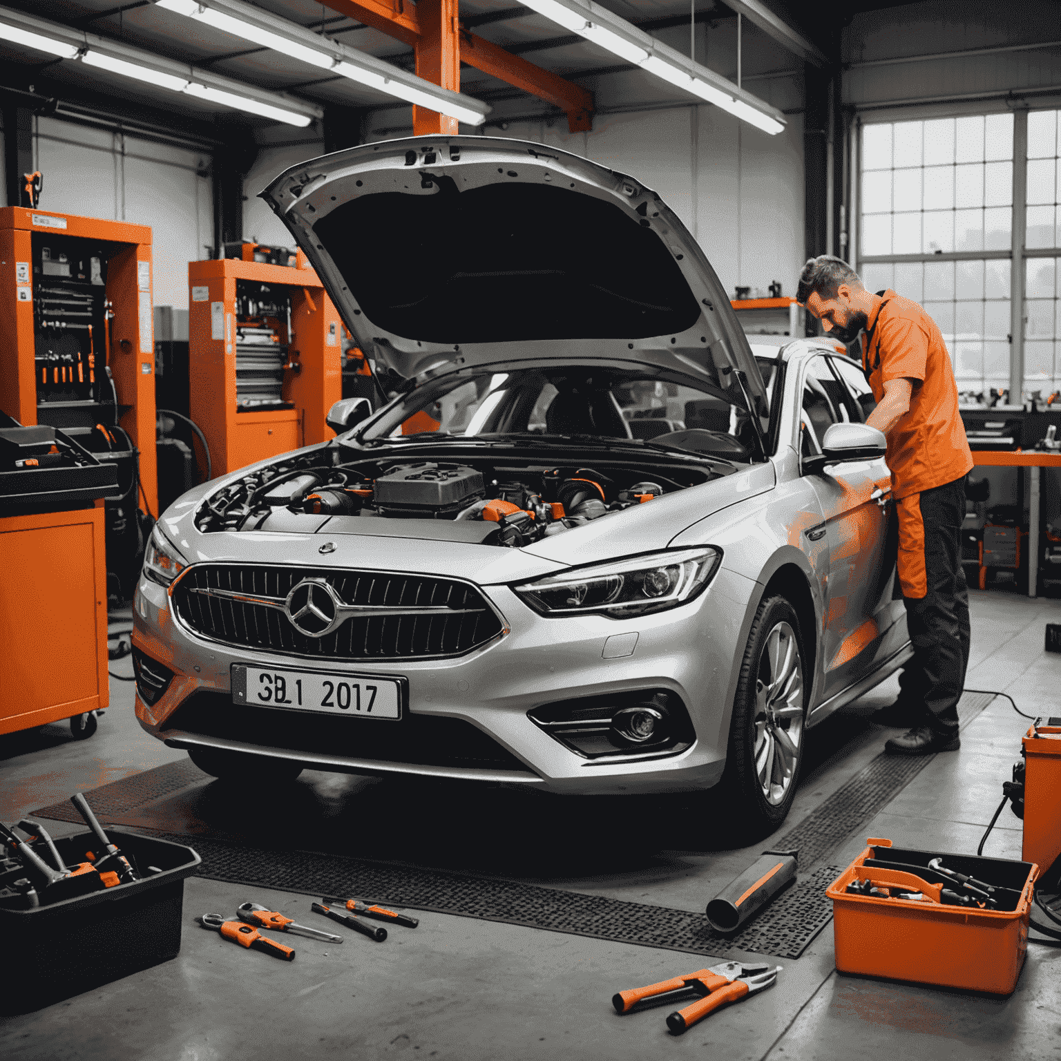 A modern car being serviced by a professional mechanic, with tools and diagnostic equipment visible