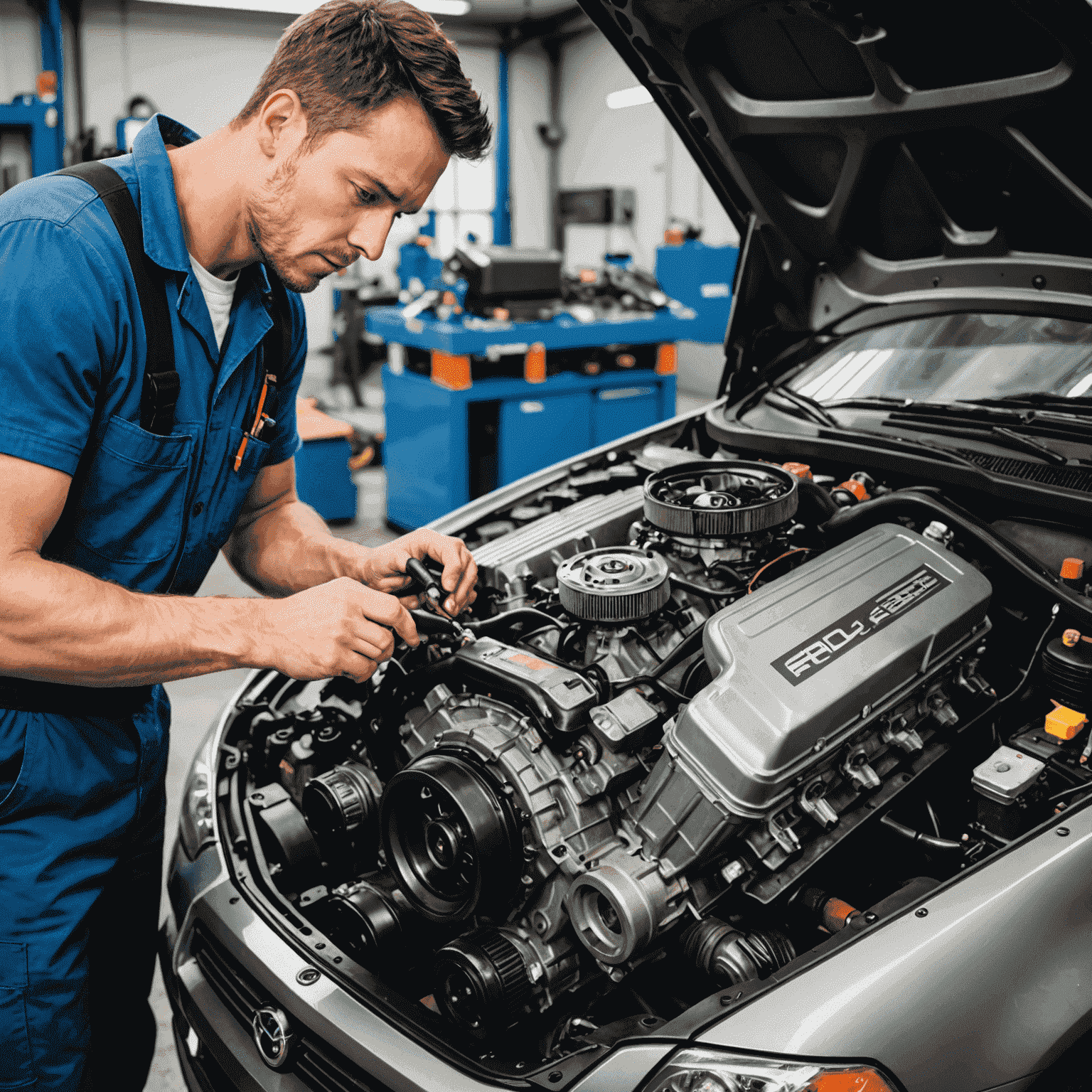 Split image showing a DIY mechanic working on a car engine on one side, and a professional auto shop with advanced diagnostic equipment on the other