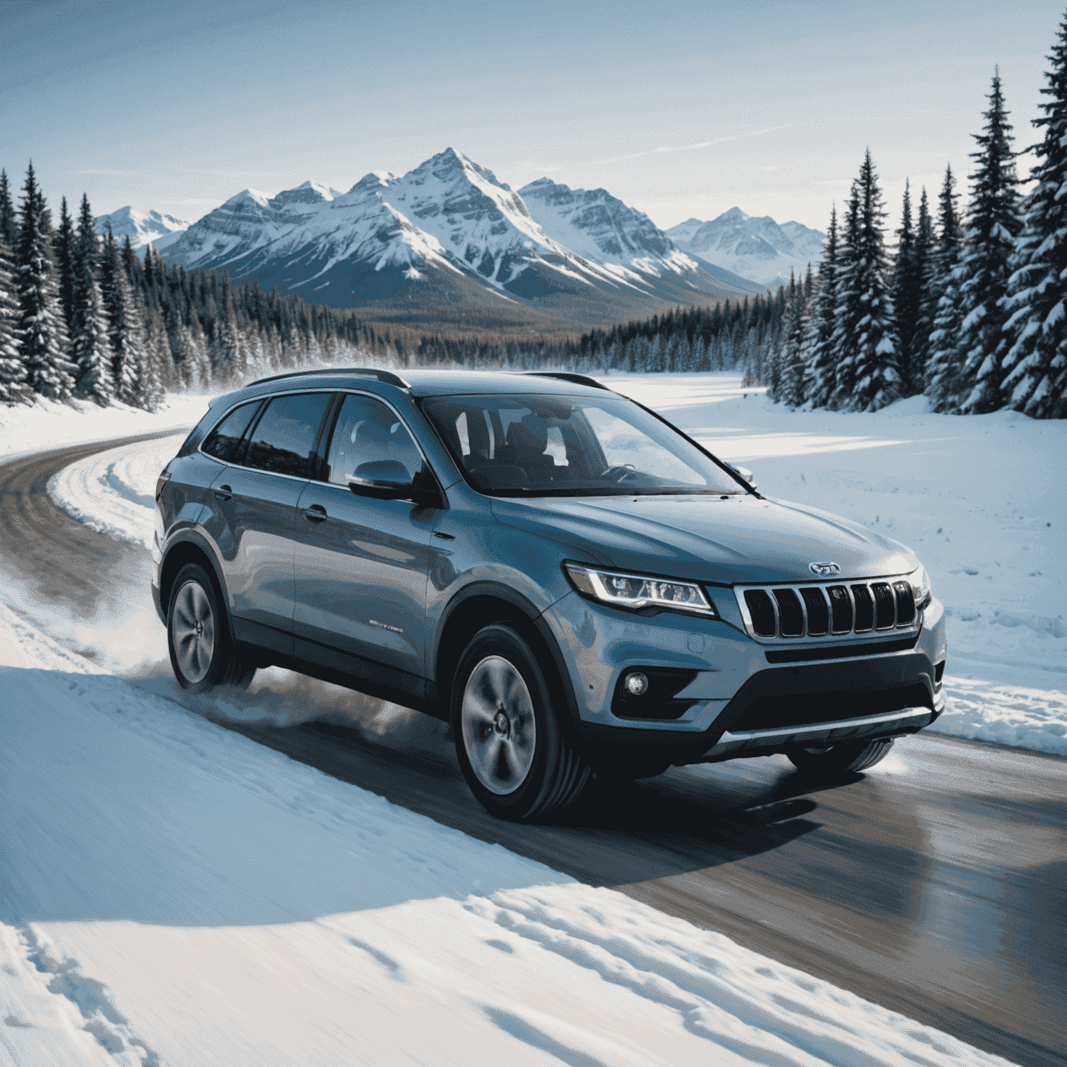 A car driving through a snowy Canadian landscape, showcasing winter tires and anti-freeze wipers in action