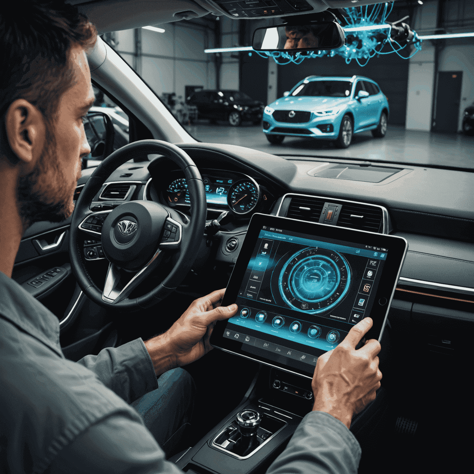 A modern car connected to a diagnostic computer, with a mechanic analyzing data on a tablet. The image showcases advanced automotive technology with holographic displays of engine components floating above the vehicle.