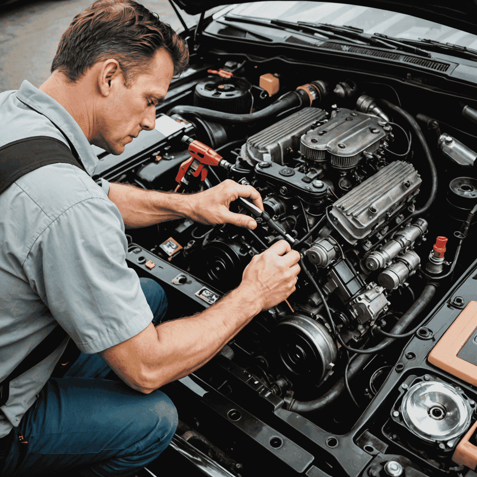 A mechanic performing routine maintenance on a car engine, with tools and parts neatly arranged nearby