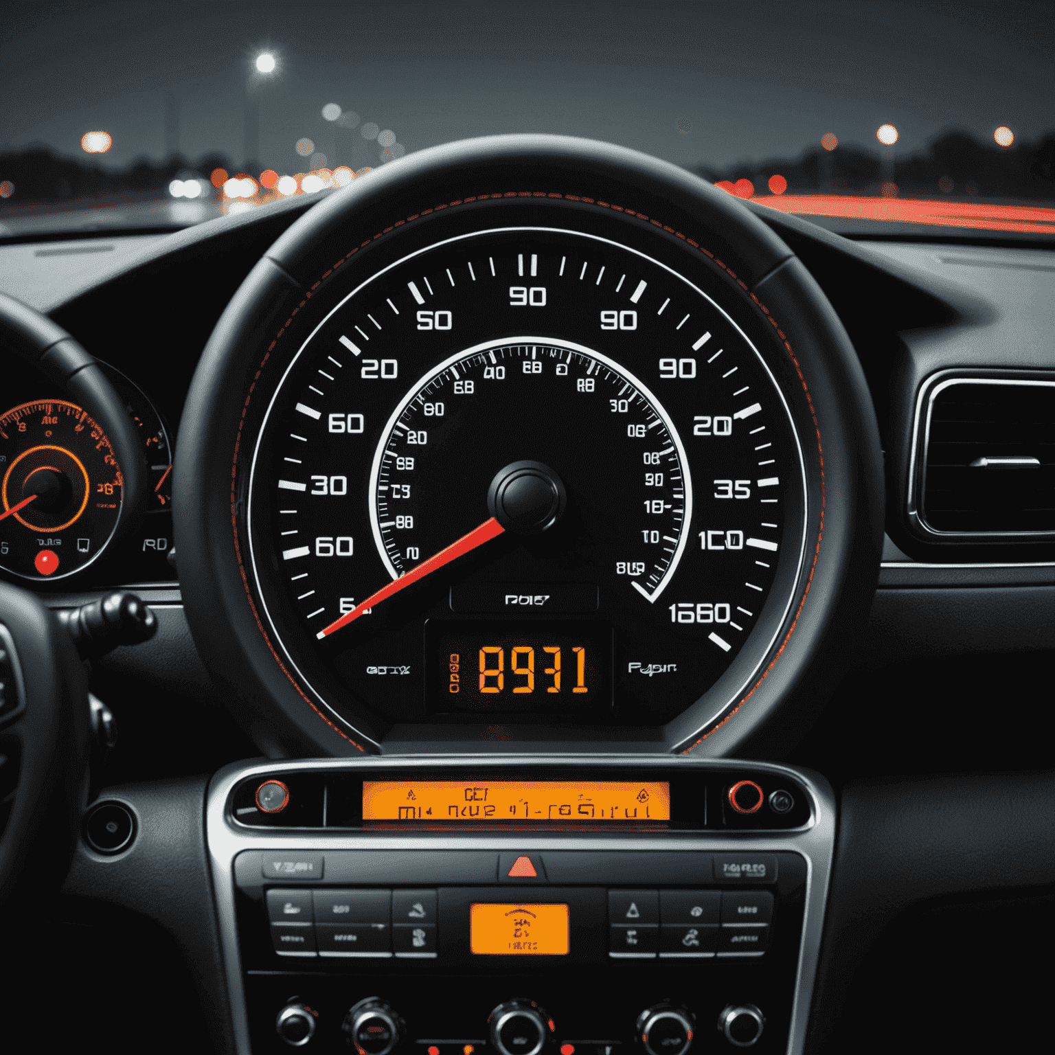 Car dashboard with various illuminated warning lights