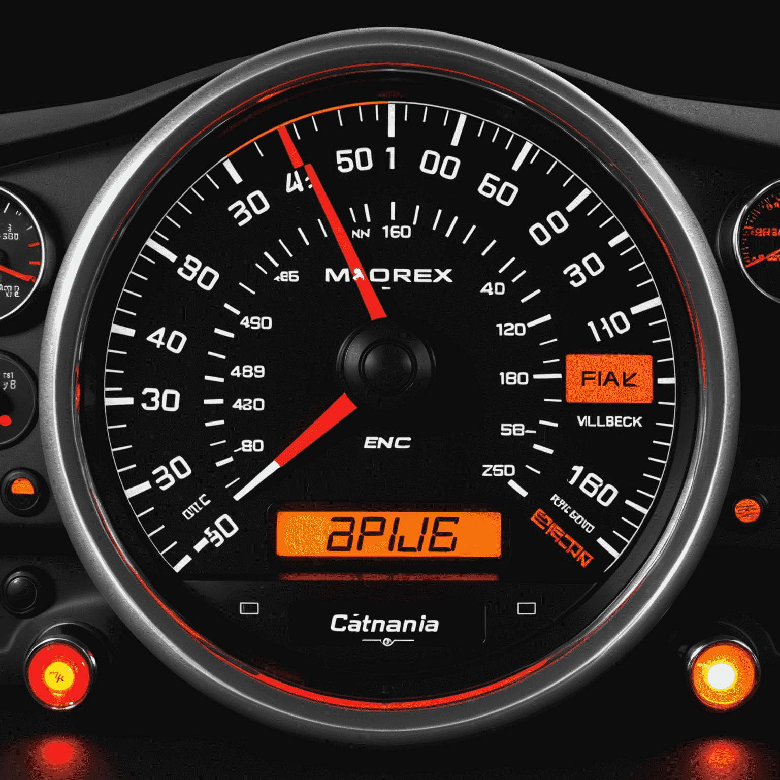 A car dashboard with various illuminated warning lights, each distinctly visible and labeled