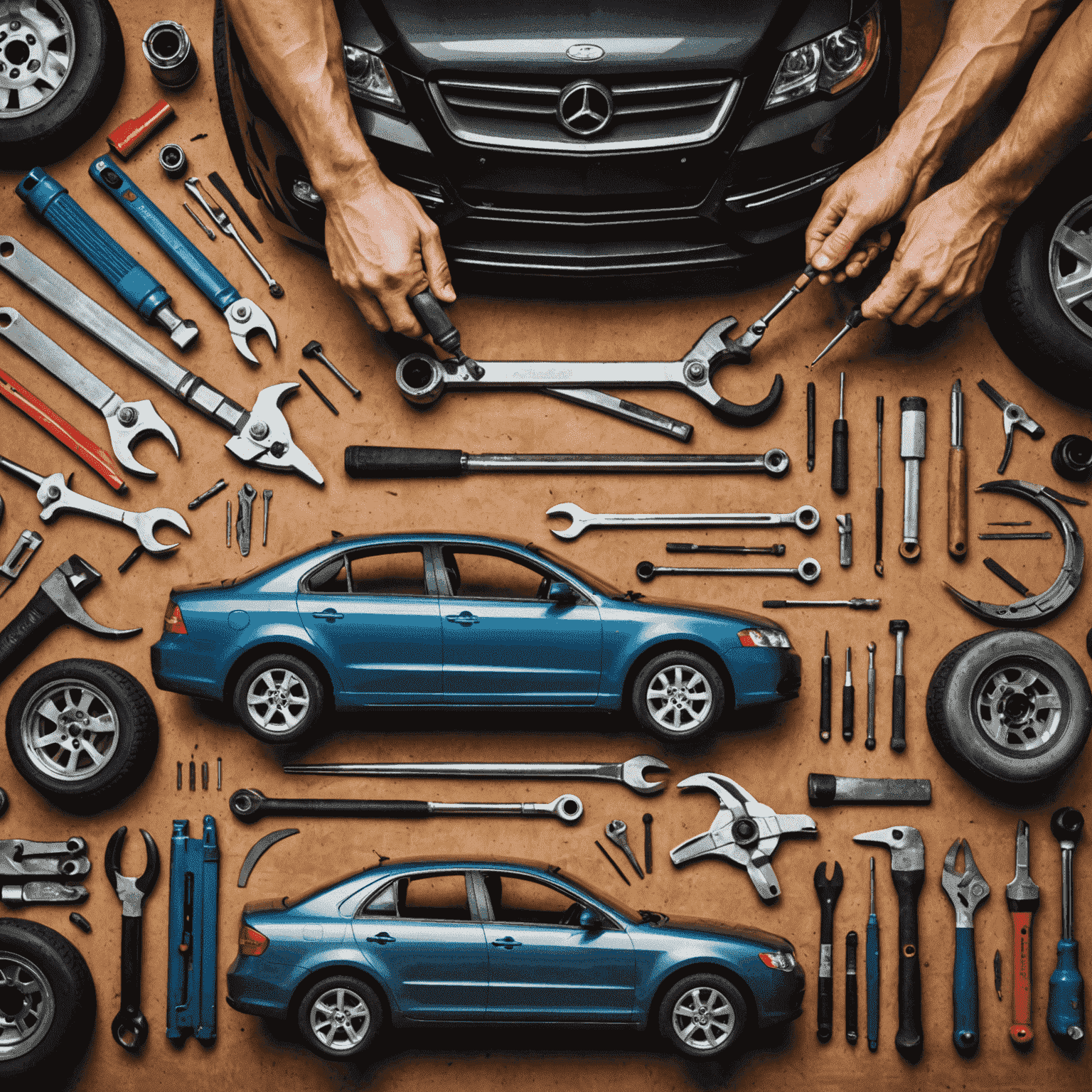 Split image showing DIY car repair tools and a professional auto shop