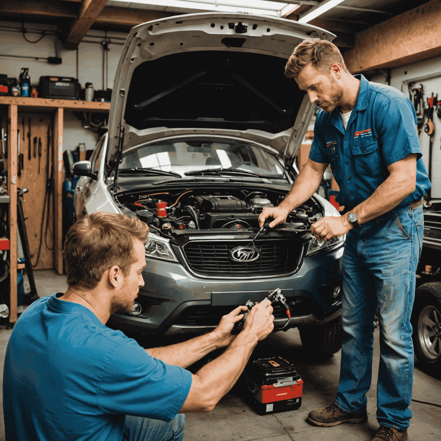 Split image showing a DIY mechanic working on a car in a home garage on one side, and a professional auto shop with advanced diagnostic equipment on the other