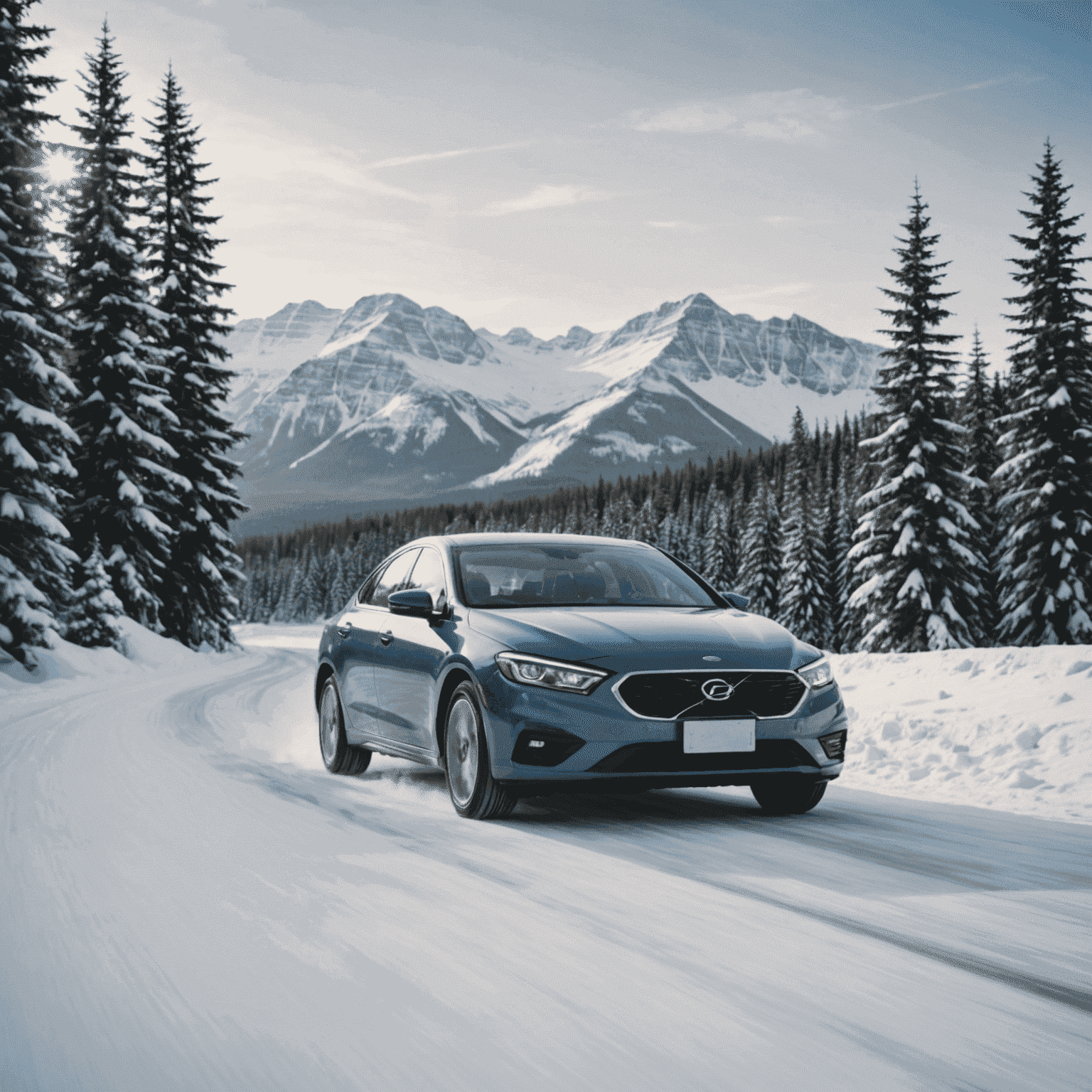 Car driving through snowy Canadian winter landscape