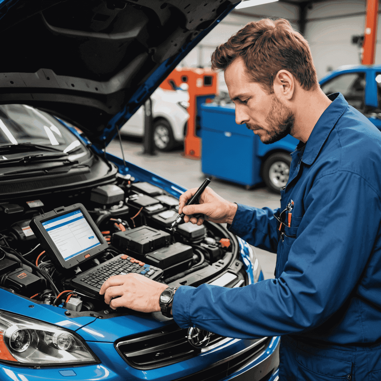 Mechanic using advanced diagnostic equipment on a car